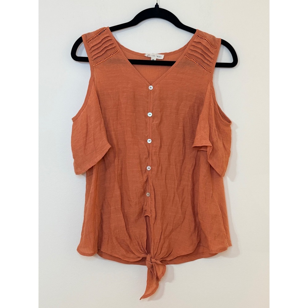 Parallel Skies Womens Rust Orange Cold Shoulder Tie Hem Button Front Top Medium